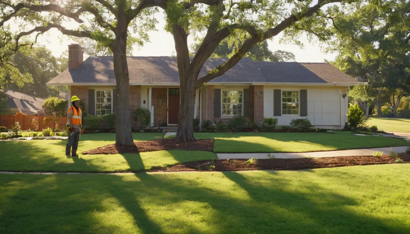 A tree provider planning a tree removal job beside a home in Fort Worth