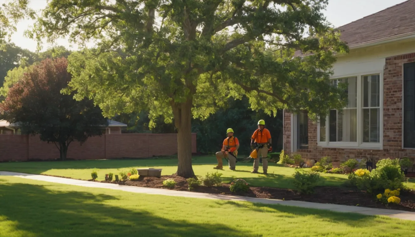 A local tree removal crew lowering a section of a large tree in a Fort Worth backyard